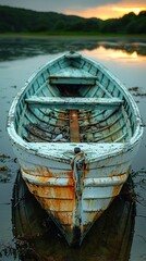 Poster - Old Wooden Boat at Sunset on a Tranquil Lake