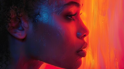 Poster - Close-up Portrait of a Woman with Red and Blue Lighting