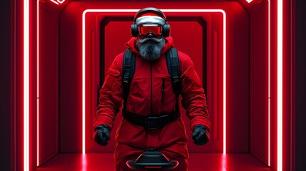 A futuristic Santa rides a hoverboard, dressed in red with vibrant neon lights illuminating the scene. The background is solid red and electric, creating an energetic atmosphere. Festive Space