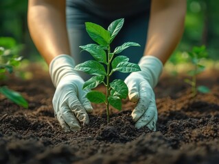 Wall Mural - environmental conservation effort illustrated with people in white gloves planting a young tree in r