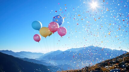 A scenic mountaintop celebration, with helium balloons rising into the clear blue sky and glittering confetti drifting through the crisp air, marking a peaceful yet joyful event.