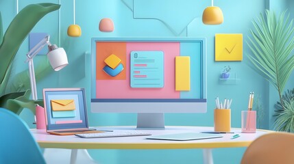 Web UI-UX design, SEO optimization marketing. Studying at home, online education at the university. Web building and cooperation meeting. 3d render illustration. 