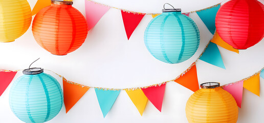 Festive banner with colorful flags and lanterns hanging on a white background design, vector illustration design