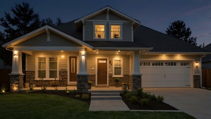 Wall Mural - Home exterior with bright lights at dusk.