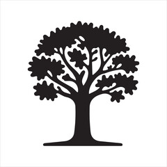 Oak Tree Vector illustration in black and white - Oak Plant Silhouette Design
