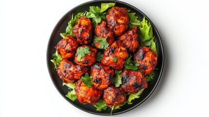 Tandoori Chicken on a plate, on white plain isolated, top view