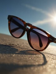 Wall Mural - Isolated sunglasses against a bright summer sky with a soft focus.