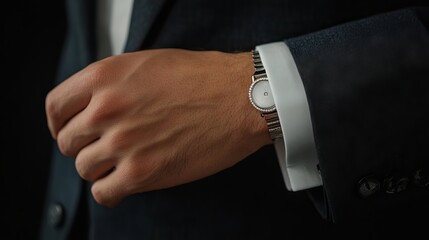 extreme close up photo - a jeweled cufflink on a gold business cuff on a man's hand ::1 black background 