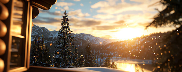 Holiday gathering in a scenic mountain cabin, friends arriving after travel with snow falling outside