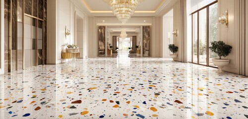 A grand entryway with large-format tiles, each tile featuring a unique pattern of colorful stone fragments embedded in a smooth, glossy surface. 