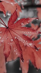 Wall Mural - red leaf with water drops