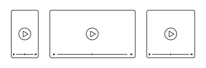 Wall Mural - video player. media player window. play video frame vector set. mobile phone and computer screen onl