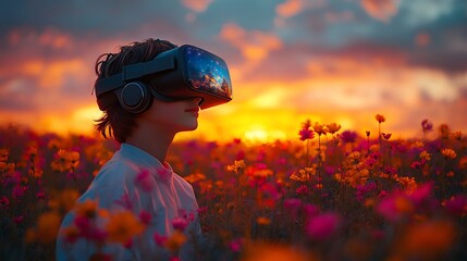 Wall Mural - A child in a VR headset gazes at a colorful sunset in a flower field.