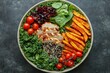 © Lamina - Colorful salad bowl filled with grilled chicken, quinoa, cherry tomatoes, spinach, kale, and sweet potato fries. Perfect blend of protein, grains, and vegetables for a healthy meal.