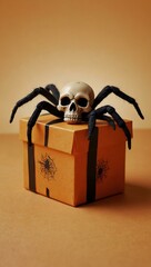 Wall Mural - Simple Halloween greeting card template with a spider, gift box, and skull on a light orange background.