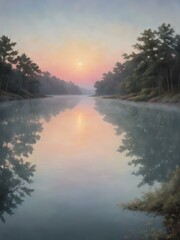 Wall Mural - A serene early morning sky, with soft pastel colors as the sun rises, reflecting on the water below and casting a gentle glow
