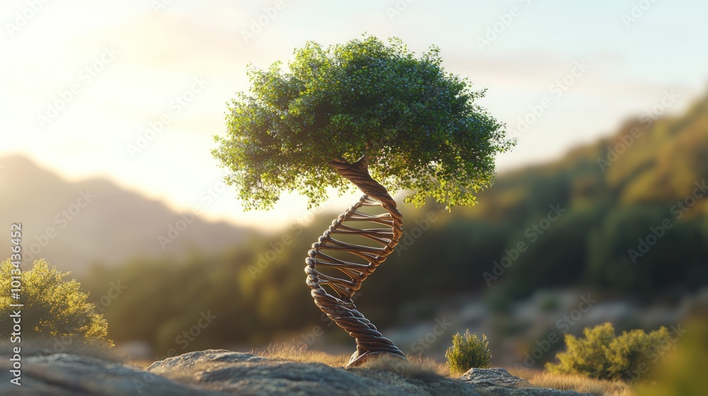 A tree with a DNA double helix trunk grows on a hillside at sunset ...