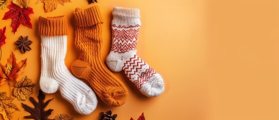 Three pairs of knitted socks with orange