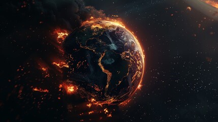 a dramatic view of earth from space the planet engulfed in flames with fiery atmosphere and smoke