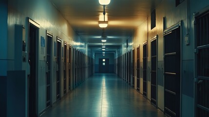 Interior of a prison corridor with rows of cells and locked doors, illuminated by ceiling lights.