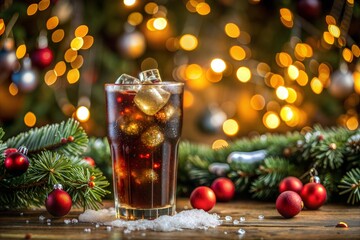 Canvas Print - glass of cola with christmas decor and lights on wooden table