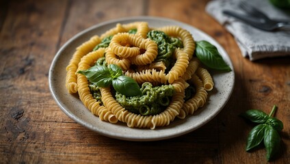 Wall Mural - Spiral pasta garnished with fresh basil and vibrant pesto sauce on a light wooden table.