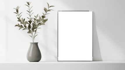 Poster - A Beautifully Minimalistic Composition Featuring a Green Plant in a Stylish Vase and a Blank Frame on a White Background