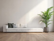 © JuanM - Modern minimalist living room with a white sofa and a potted palm in natural light