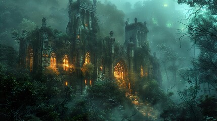 Wall Mural - Enchanted Castle in a Foggy Forest - Fantasy Architecture