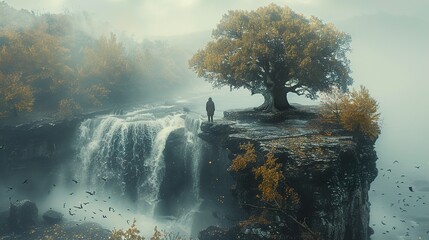 Sticker - Mystical Waterfall Cliff with Fog and a Lone Figure