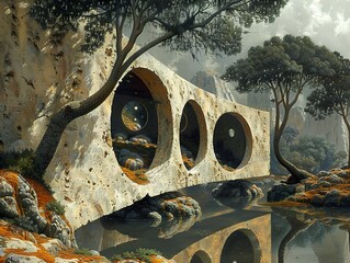 Poster - Surreal Stone Arch Bridge Over Water in Dreamlike Landscape