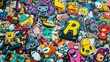 © Thanos - Vibrant Pile of Colorful Stickers with Cartoon Characters, Symbols, and Logos