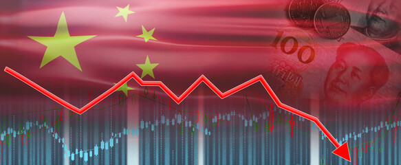 China financial crisis on economic graph, economic collapse. Financial fall of the Chinese economy on financial graph