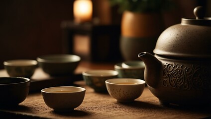 Wall Mural - Warm tea poured from a decorative pot into bowls at an evening tea ceremony.