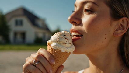 Wall Mural - Woman savoring ice cream on a sunny day.