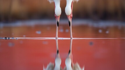 Wall Mural - Two White Flamingos Drinking From a Red Lake