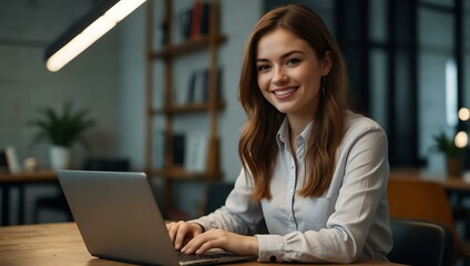 Wall Mural - Young woman in stylish attire smiling while working on a laptop in a modern workspace.