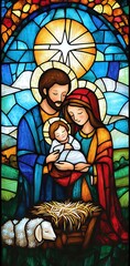 Stained glass depiction of the Holy Family.