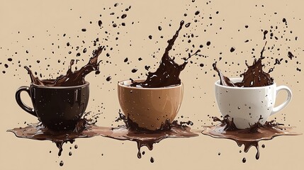 Three cups of coffee with splashes and coffee beans on a beige background.