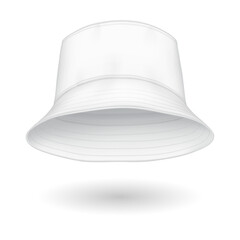 Mockup bucket hat floating realistic vector illustration. Casual summer cap made of breathable cotton 3d model on white background