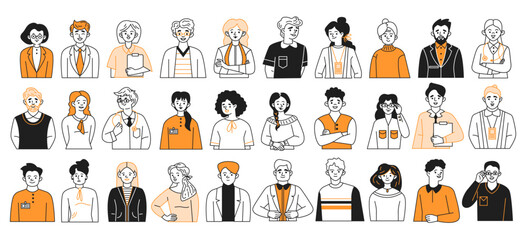 businesspeople profile avatars doodle line and color illustration set. business specialists jobs lin