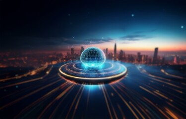 Canvas Print - A glowing blue sphere, surrounded by a circular platform and glowing lines, sits above a blurred city skyline.