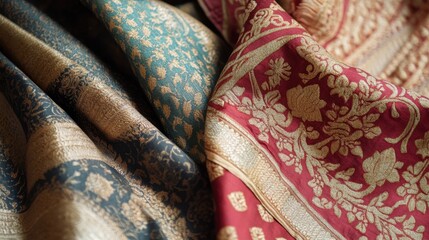 A stunning collection of luxurious Indian fabrics showcasing rich colors and intricate designs, celebrating the beauty of textile craftsmanship.