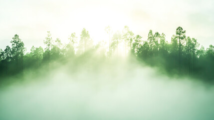 Sticker - Serene Misty Forest with Soft Sunlight Filtering Through