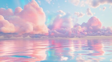 Wall Mural - fluffy pink clouds, glittering, reflecting in holographic water, surreal