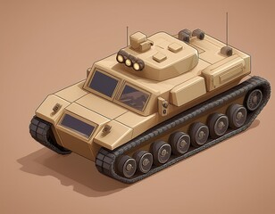 3D tracked military vehicle with a turret and several lights, 3D isometric