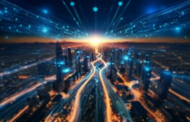 Wall Mural - A blurry image of a futuristic city skyline, with glowing lines representing data flow and a bright light at the center.