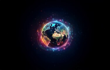 a glowing, colorful earth surrounded by glowing lines and dots on a black background.