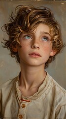 Canvas Print - Portrait of a Young Boy with Curly Hair Looking Upwards