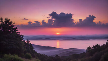 Wall Mural - The sky at dawn, with a soft gradient of pink, purple, and orange as the first rays of sunlight peek over the horizon
